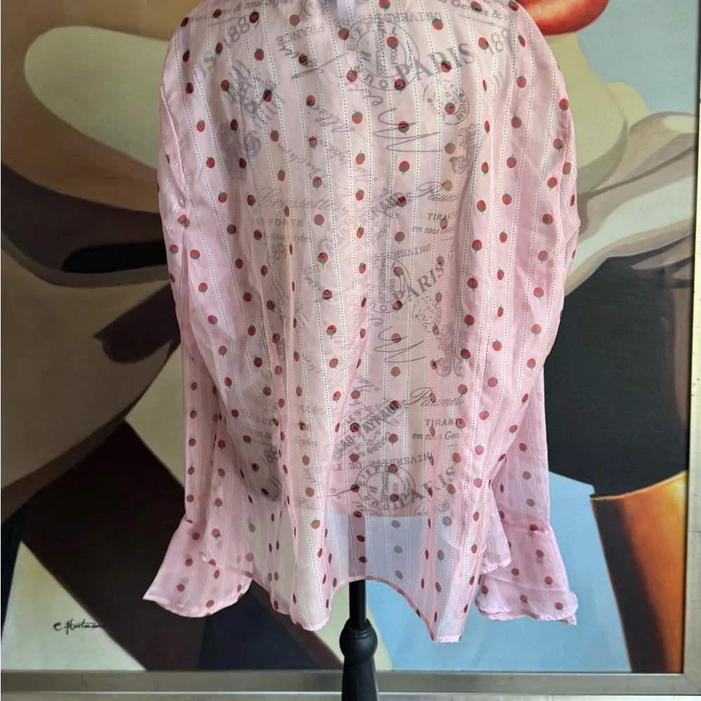 Smak Parlour Curve Pink Strawberries Stripe sheer Ruffle Blouse 2XL - Picture 5 of 7
